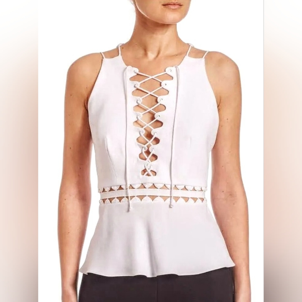 JONATHAN SIMKHAI Size 2 White Crepe Lace Up Peplum Sleeveless Top Retail $385